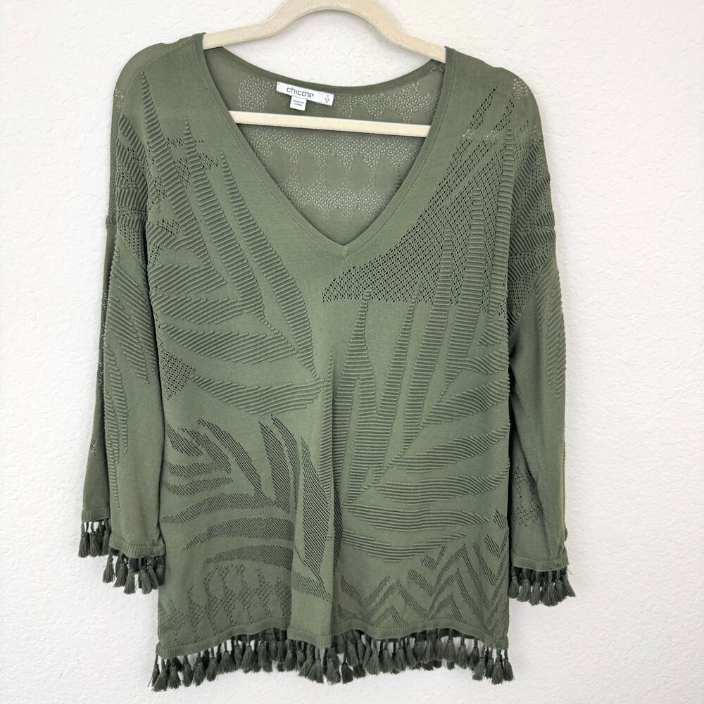 Chico's Womens Open Knit Pullover Sweater Top Size M Fringe Classic Olive Green